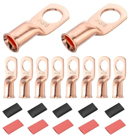 DMiotech 10 Pcs 4 AWG-3/8'' Copper Cable Lugs, Battery Cable Ends, Heavy Duty Copper Wire Lugs with 10pcs Heat Shrink Tubing for Electrical Projects, Copper