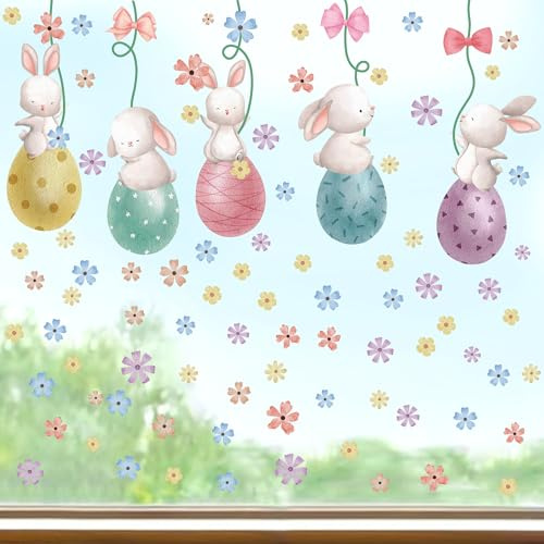 ANHUIB Fensterbilder Ostern Selbstklebend Fenstersticker Oster Aufkleber Bunt Blumen Fenster Aufkleber Osterhase Fenstersticker Frühling Ostern Frühling Ostereie für Kinderzimmer Ostern Dekoration