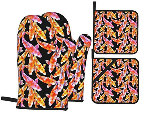 4 Stück Ofenhandschuhe Set Koi Fisch Auf Schwarz Backhandschuhe Druck Topflappen Pad Mit Innere Baumwollschicht Topfhandschuhe, Für Grillen, Backen, Küche