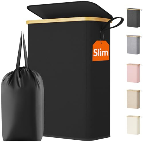 Lifewit 50L Slim Laundry Basket with Lid, Narrow, Removable Bag, Black | Bamboo Handles, Foldable Thin Laundry Bin, Dirty Clothes Hamper for Laundry, Bathroom, Bedroom and Dorm