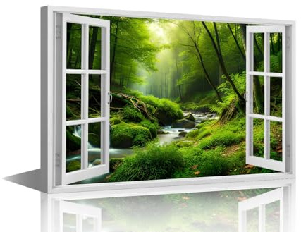 TISHIRON 1 Piece Wall Pictures for Living Room Forest Landscape View from a Window Painting on Canvas Wall Decor Art River Bedroom Wall Art Modern Artwork Framed Ready to Hang, 36x24in