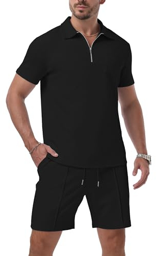 QIXING Mens Shorts and T shirt Sets Polo Colloar Mens Summer 2 Piece Holiday Clothes Co ord Shorts Set with half Zip Tracksuit (Black, L)