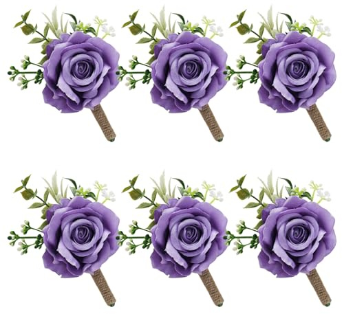 Ansteckblume mit violetten Rosen für Herren, Hochzeitsset, 6 Stück, Bräutigam, Trauzeugen, Trauzeugen, künstliche Blumen, Ansteckblume für Hochzeitszeremonie, Jahrestag, Abschlussball, formelle