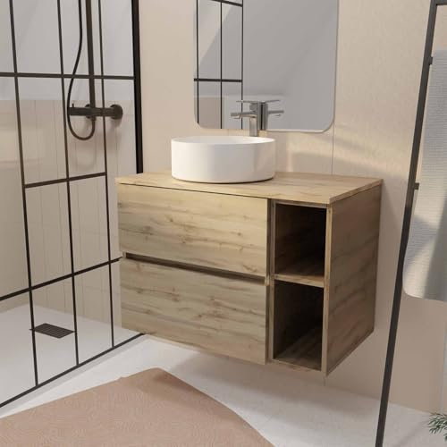 AURLANE Meuble de Salle de Bains 80cm Timber Décor Chêne 2 Tiroirs et Module - Plan et Vasque Blanche