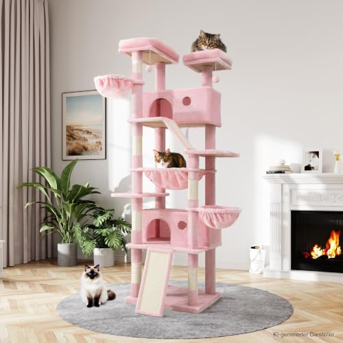 MUTICOR kratzbaum groß,206 cm hoch, Mehreren Ebenen Großes Kletterbaumhaus für große Katzen/Kratzbaum für Wohnungskatzen/Plüsch-Sitzplattformen/Korbhängematte/breite Basis/Rosa