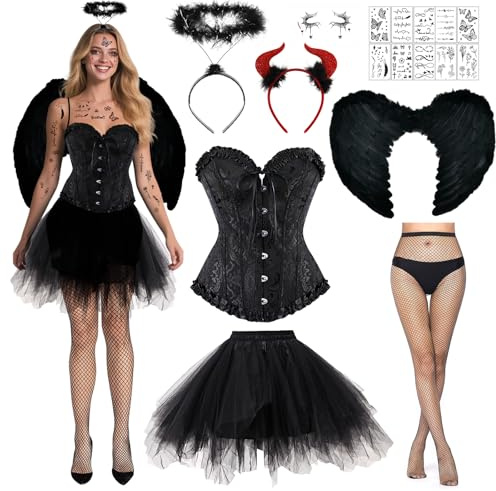Ycaaeo Disfraz de Ángel Negro y Demonio Mujer con Corsé Cordones,Alas Negras,Falda de Tul,Halo de Angel y Cuernos de Demonio,Disfraz Angel Negro Diablo Mujer para Halloween Carnaval