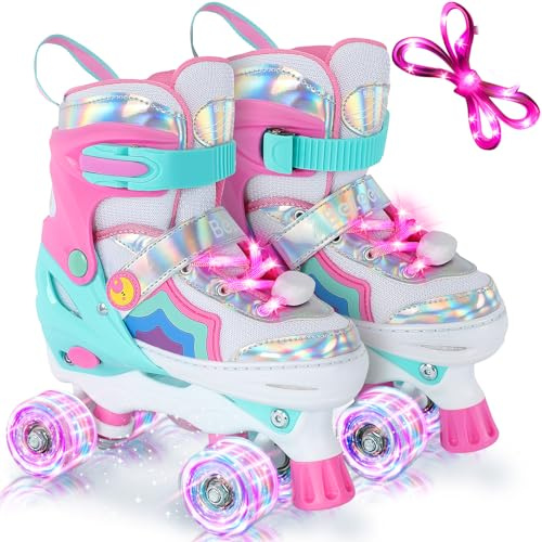 BELEEV Pattini a Rotelle per Bambini, Pattini Roller Ajustabili con 8 Ruote LED Luminose e Lacci per Principianti Ragazzi Ragazze, Sicuri Divertenti, Regalo di Compleanno e Natale - Pink M