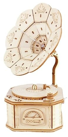 Wooden Gramophone Music Box, 3D DIY Puzzle Musical Boxes Retro Style with ‘To Alice’ Tune, Handmade Vintage Phonograph Model for Desk Decoration and Learning Toy for Kids & Adults