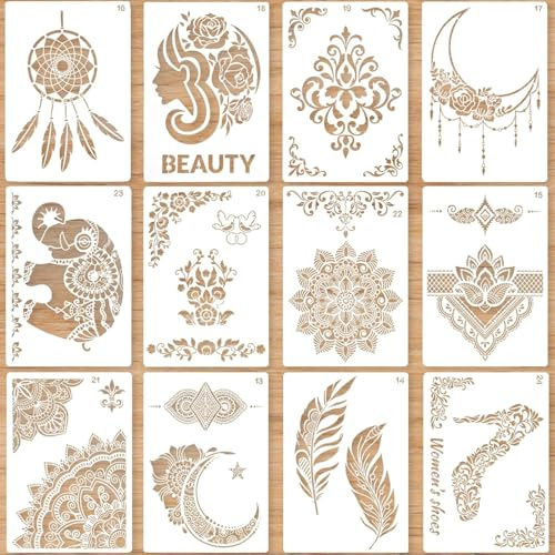 12 Stück Schablonen Set, Stencil Schablonen, SchAblonen Vintage, Graffiti Schablone, Wiederverwendbare Malschablonen, SchabLonen Textilgestaltung, Waschbar SchabLone 21 x29 cm