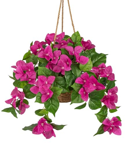 Briful Künstliche Bougainvillea Hängepflanze 70 cm – Blumenampel mit Korb & Juteseil – Dekorative Kunstpflanze Hängend, Deko Hängeblumen für Wohnzimmer Balkon Terrasse Garten – Fuchsia