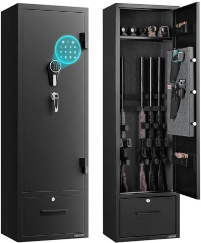 VEVOR Armadio per 4 Fucili, Cassaforte per Armi da Fuoco con 2 Modi per Chiudere Tastiera Numerica e Chiavi, 2 Scomparti per Munizioni, 2 Tasche per Pistole e 2 Supporti Regolabili