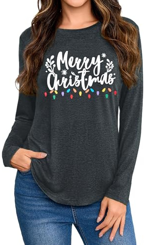 Gyabnw T-Shirt Femme pour Noël Col Rond GNOME Coton Doux Longue Manche Motif Festif Décontracté