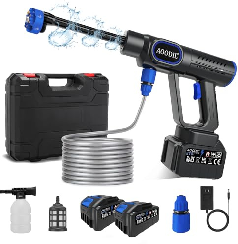 AOODIL Idropulitrice a Batteria, 1200 PSI Idropulitrice Portatile con 6 In 1 Ugello e Tubo da 5M, Lavatrice Senza Fili per Auto (Blu JH-19 (potenza regolabile))