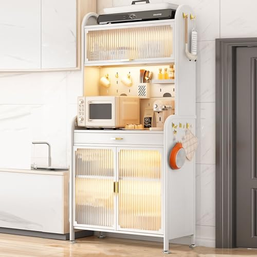 5-Tier Kitchen Baker's Rack with Adjustable Shelves Transparent Doors and Ample Storage - Stylish Étagère for nizing Cuisines and Pantry Spaces (Color: White)