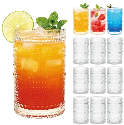 Mapoxy Hobnail Drinking Glasses Set of 12, 12 Oz Highball Glasses, Clear Embossed Water Glass Cups for Beer, Whiskey, Juice & Cocktails, Multi-Use Boho Glassware Set for Home, Bar, Kitchen & Gifting