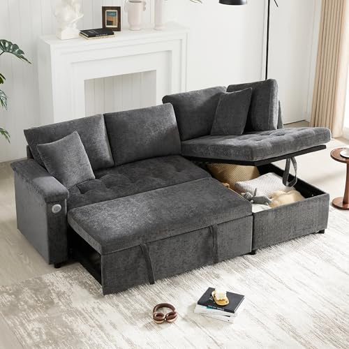 Merax Sofa Ecksofa mit Schlaffunktion, Praktisches Schlafsofa mit Bettkasten, Schlafcouch mit Stauraum, USB-Ladeanschluss und Armlehnenablage, für Wohnzimmer/Schlafzimmer, Dunkelgrau