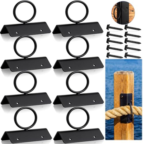 PullCrease 8 Pack Rope Support Holder for Corner Post 2 Inch Drop Ring Brackets Decorative Deck Hooks for Stair Railing, Hemp Rope Fences, Ceiling Hook, Black Wall Mounted Hanger