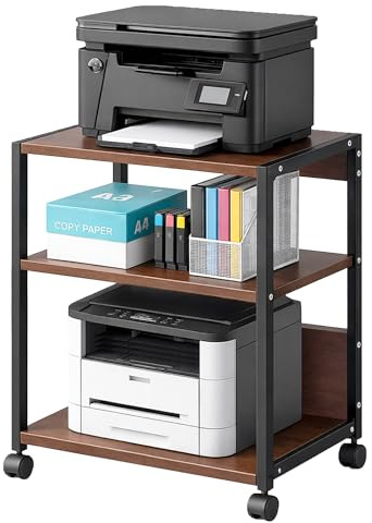 leafence 3-Tier Printer Stand with Storage, Adjustable Shelves, Lockable Wheels, Stable Steel Frame for Home & Office Rustic Brown & Black