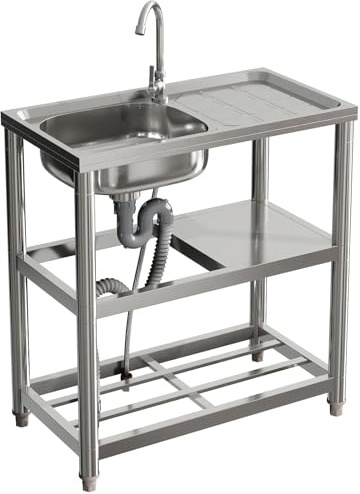 Warmiehomy Kitchen Sink Unit 3 Tier Free Standing Sink with Storage Shelf 75x40x80cm Stainless Steel Single Bowl Commercial Sinks Outdoor Camping Washbasin with Drainer Kit
