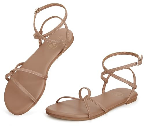 Trary Women's Flat Sandals, Strappy Cross Lace Up Ankle Strap Summer Dressy Beach Shoes, Lightweight Open Toe Gladiator Shoes Tie Up Khaki Sandals for Women Size 8.5