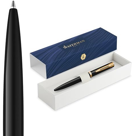Waterman Impression Kugelschreiber | Mittlere Spitze mit blauer Tintenmine | Schwarzer Lack mit goldbeschichtetem Zierrat | Geschenkbox