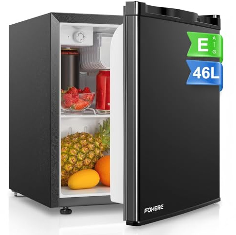 FOHERE Mini Réfrigérateur 46L, Mini Frigo avec Congélateur, Thermostat Réglable, Économie d'Énergie, Silencieux, Porte Réversible, Minibar, Adapté à la Maison et au Bureau, Dortoir, Hôtel, Noir