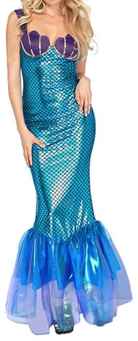Meerjungfrau Kostüm Damen Pailletten Langer Rock Damen Glitzer Kleid Meerjungfrauenflosse Print Mermaid Kostüm für Karneval Unterwasserwelt Strand Cosplay Kostüme