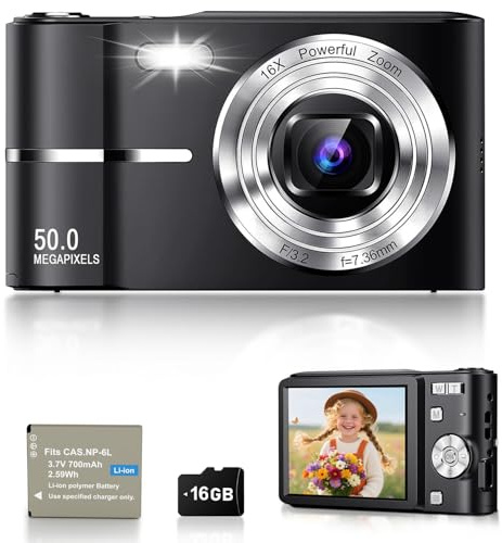 Appareil Photo Numérique 50MP 1080P, Compact Appareil Photo avec Carte 16Go, Écran 2,4”, Zoom Numérique 16X, Mini Camera Vlog pour Enfants, Adolescents, Étudiants, Cadeau d'anniversaire Vacances-Noir
