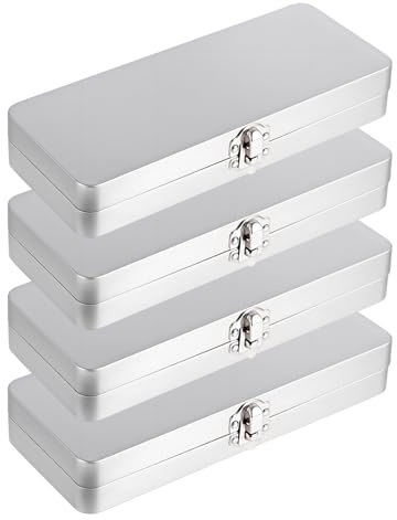 FERNVALE 4 Pack Rectangular Metal Tin Box with Hinged Lid, Small Silver Empty Storage Containers, Portable Tin Case for Jewelry Pills Candy Pens Craft Supplies Travel Organizer 7.8 x 3.15 x 1.3 Inch