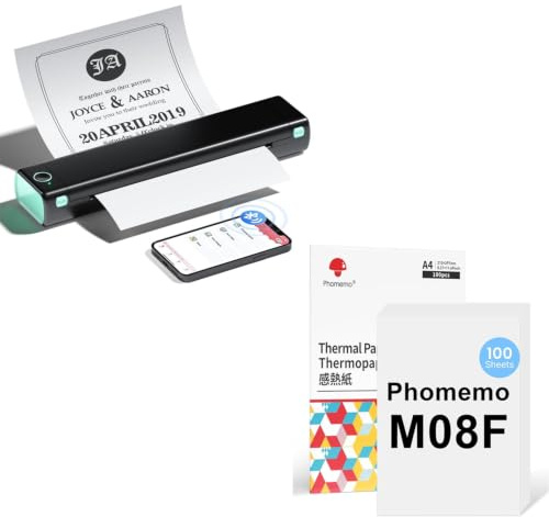 Phomemo M08F A4 Schwarz Grün Tragbarer Drucker mit 110 Blatt A4 Thermopapier, Kabelloser Bluetooth Mobildrucker für Reisen, Auto, Büro & Zuhause