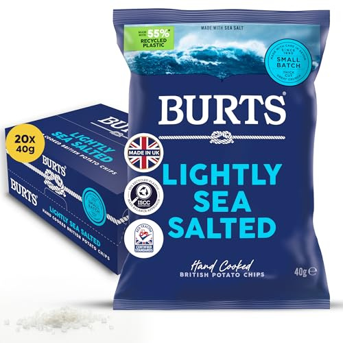 Burts Lightly Sea Salted Hand Cooked Chips - 20 x 40 g Multipack Crisps Box - Vegetarian Friendly, Gluten Free, Hydrogenated Fat Free, Lightly Salted Crisps | Crunchy snack with distinct seasoning and a practical pack format.