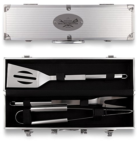 Grillkoffer 3-teilig Grillbesteck Edelstahl Grill Set mit Gravur - Grillweltmeister