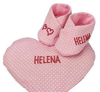 Coffret cadeau de petits cœurs, cadeau de baptême personnalisé, coussin chauffant personnalisé, chaussures bébé avec nom (75 _ pois roses)