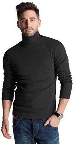 Mens Black Heavy Cotton 300gsm Winter ROLL Ribbed Neck Polo TOP