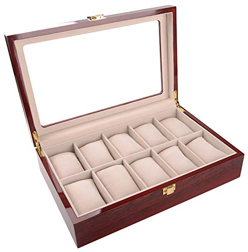 Naturer Holz Uhrenbox Herren Stackers Uhrenkasten Edel mit Glasdeckel 10 uhren, Display-Ständer/Uhrenaufbewahrung/Aufbewahrungsbox für Schmuck Uhren