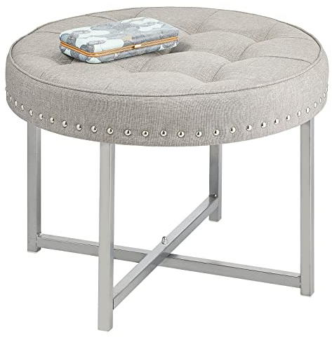 mDesign Sitzhocker – runder Polsterhocker aus Metall und Polyester mit moderner Nietenverzierung – gepolsterter Hocker für Flur, Schlafzimmer und andere Räume – hellgrau und silberfarben
