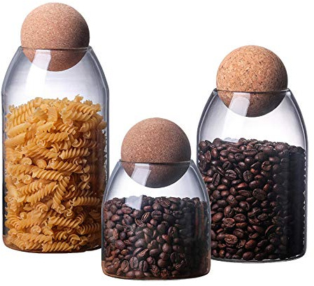 OnePine Set di 3 barattoli di vetro, con tappo in sughero, per conservare tè, caffè, spezie, zucchero