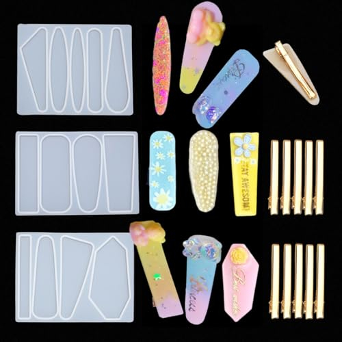 iSuperb 3 Stück Haarspange Silikonharz Formen, mit 10 PCS Schmuckform Set DIY Perle Haarnadel Epoxidharz Gussform für Mädchen Frauen Haarspangen, Anhänger, Schlüsselbund (mit 10 Haarnadelzubehör)