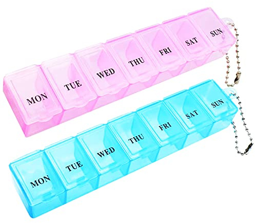 Caja de pastillas de 2 piezas, organizador de pastillas portátil de 7 días Caja de tableta de viaje con compartimentos para medicamentos, vitaminas y aceite de hígado de bacalao (rosa y azul)