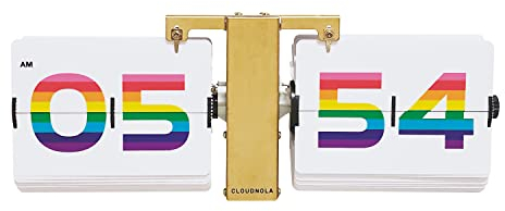Cloudnola Flipping Out Wall and Tabletop Flip Clock, Rainbow Numbers and Gold Metal, Battery Operated Digital Display