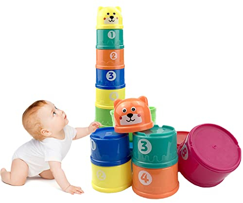 NIWWIN 9 Stück Stapelbecher,Sortier und Stapelspielzeug,Badespielzeug,Spielzeug zur Frühentwicklung .Mehrfarbig Bedruckt mit Zahlen und geometrischen Mustern,Geeignet für Kinder älter als 6 Monate.