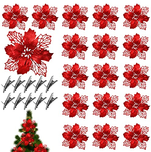 ZDQC 20 Piezas Flor de Pascua Artificial Navidad,Flores Artificiales Navidad,Flores de Navidad para Adornar el Árbol,Flores Arbol Navidad,Adornos para Árbol de Navidad(Rojo)