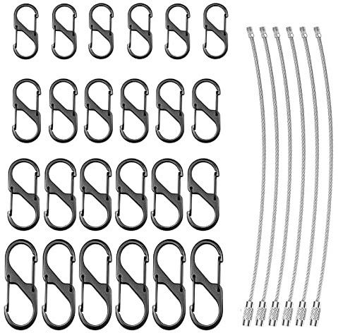 30 Stück S Karabiner Schlüsselanhänger Set,S-Form Metall Schnalle Doppelkarabiner, 32mm/40mm/50mm/60mm Karabiner Klein Edelstahl mit 1,5 mm Dickes Stahlseilfür Wandern, Camping, Reisen
