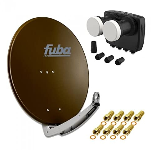 HD Digital Sat Anlage 2 Satelliten Astra/Hotbird - 4 Teilnehmer | Fuba DAA780B Sat Schüssel 78cm braun + DUR-line MB6-QS Monoblock Quad LNB 6° (DVB-S2, HDTV, 4K/8K, 3D) + 8xF-Stecker vergoldet