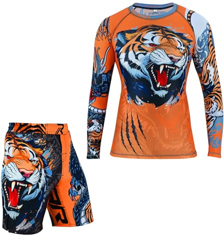 ROAR-INT MMA Rash Guard & BJJ Shorts Set Kids Fight Training Grappling Wear Jiu Jitsu Gi Trunks Outfit Set (Standard, X-Large, Tiger-Dragon-2Pcs-Set)