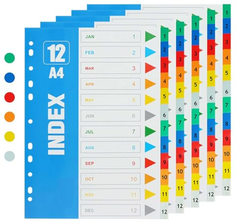 OFFCUP A4-Register, 5 Stück, 12 teilnummertete Registerkarten mit mehrfach gelochten, verstärkten Farbreitern (6 Farben)