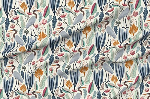 Spoonflower Fabric - Coastal Flora Nature Tropical Wild Flowers Crane Heron Moody Pond Printed on Polartec(R) Fleece Fabric by The Yard - Sewing Blankets Loungewear and No-Sew Projects