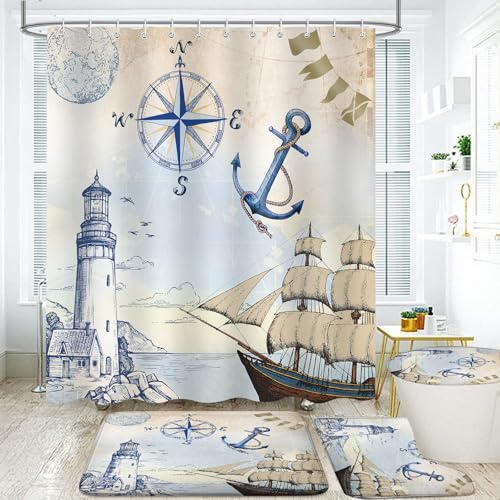 4Pcs Nautical Lighthouse Shower Curtain Sets, Sailboat Coastal Compass Anchor Bathroom Decor with Non-Slip Rugs, Toilet Lid Cover and Bath Mat, Waterproof Shower Curtains with 12 Hooks, 72 x 72 Inch