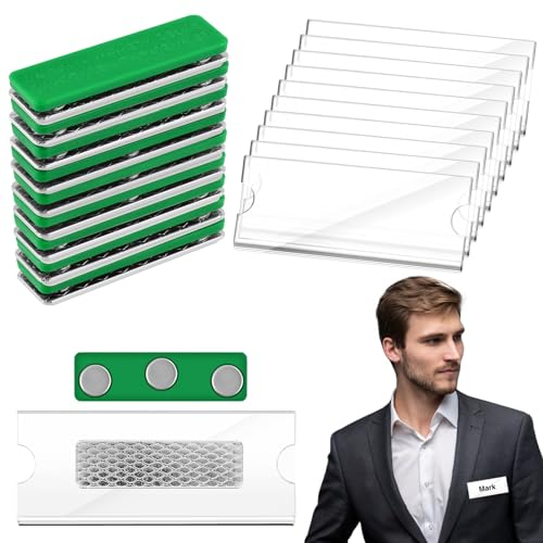 WuGU Namensschilder Magnet, 10 Stück Namensschilder für Kleidung Magnet, Metall Namensschild Halter mit 3-Punkt Magnet, Namensschild Magnetisch für Messen, Konferenzen oder Präsentationen (Grün)