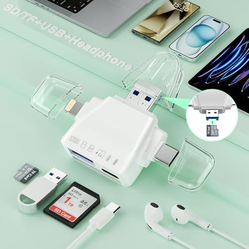 Card Reader 7-in-1 USB3.0 Lightning+USB C+USB A SD/TF/Micro SD Kartenleser für iPhone 15 14 13/iPad/Android/PC/Kamera/Festplatte/Audio-Adapter für Kopfhörer Type-C/Mouse-60W Aufladen